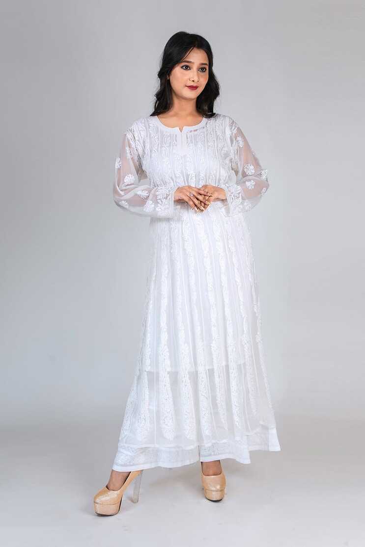 Chikankari Hand Work Semi Georgette Anarkali (White Color) Lucknow ...