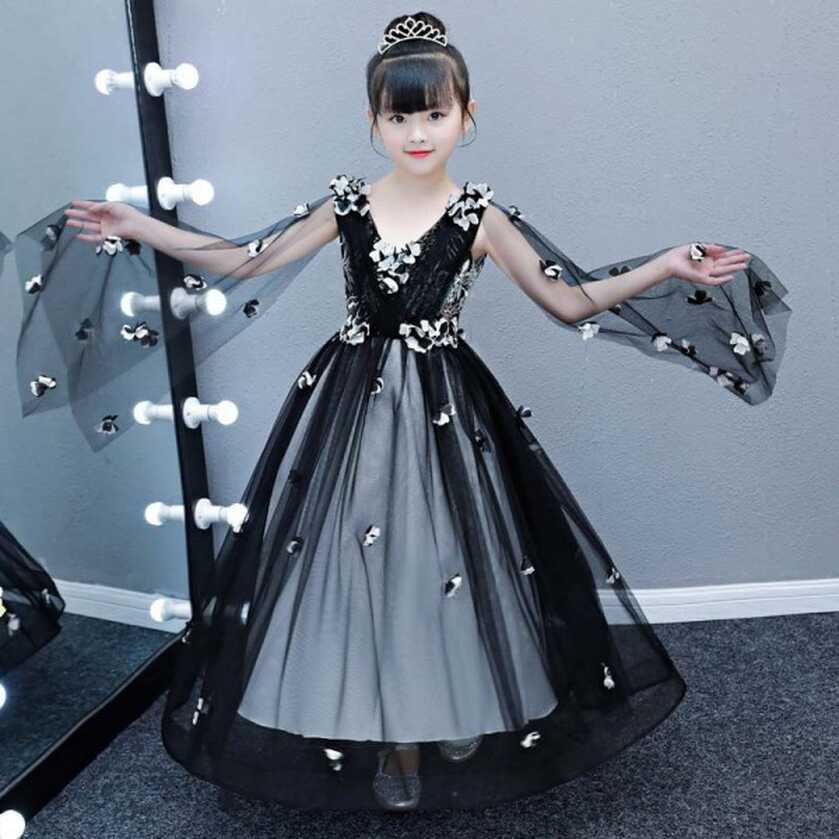 Children kids black lace piano host singers princess dresses ...