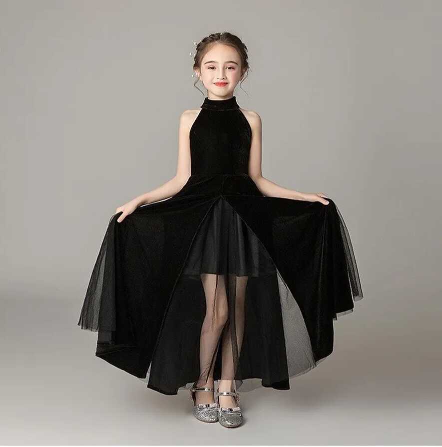 Childrens Kids Girls Elegant Formal Halter Neck Black Dress Gown ...