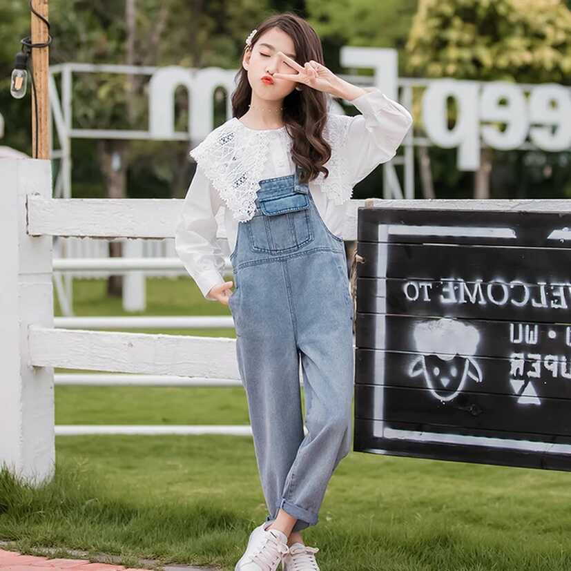 Childrens Overalls Loose Girls Denim Jumpsuit+lace Shirt Kids ...