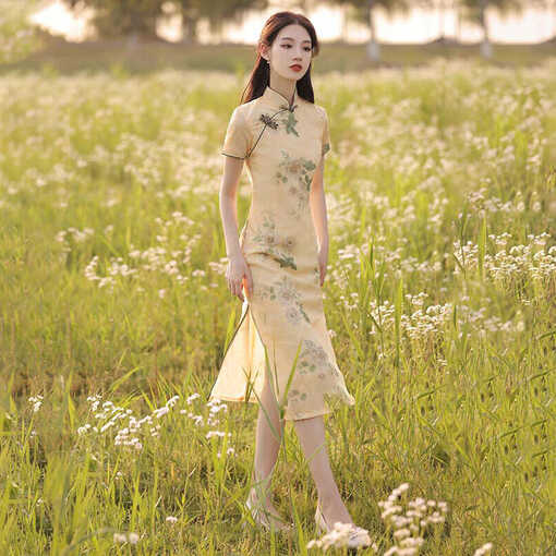 Chinese Traditional Dress Yellow Cheongsam Modern Flower Print ...