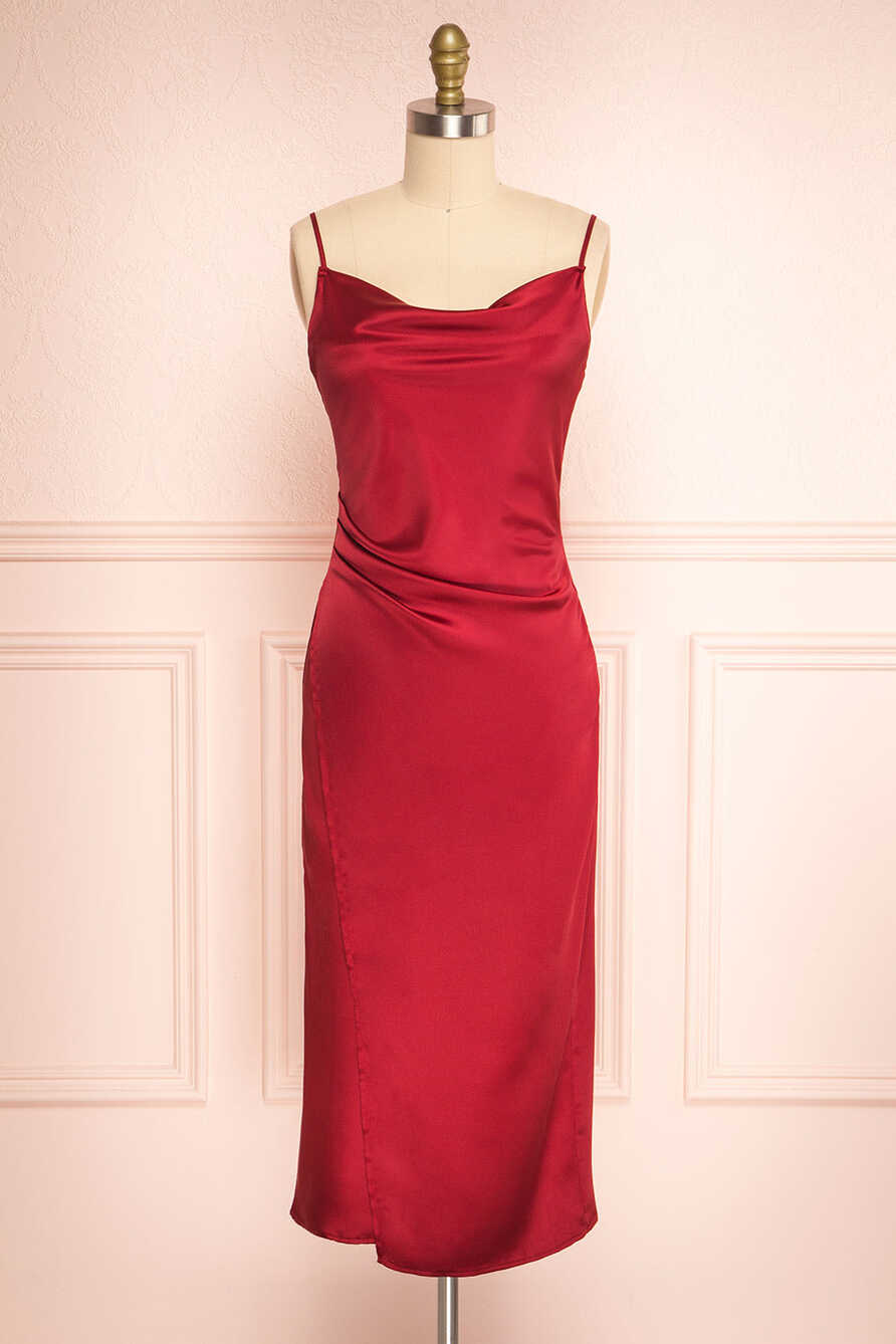 Chloe Wine Red Silky Midi Slip Dress | Boutique 1861