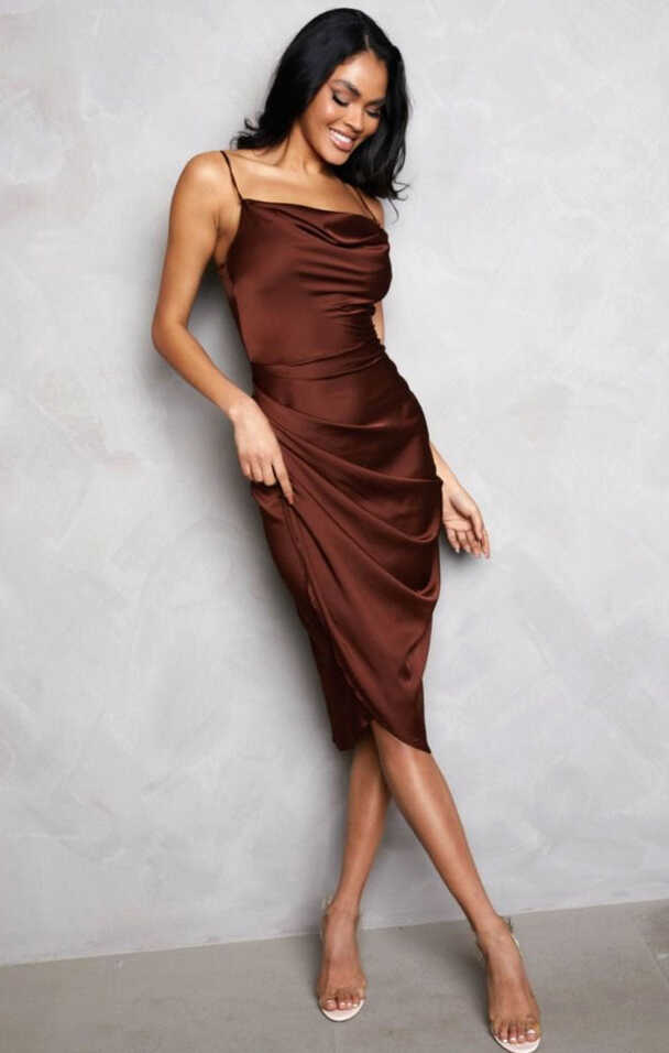 Chocolate Satin Cowl Neck Asymmetric Split Strappy Bodycon Midi ...