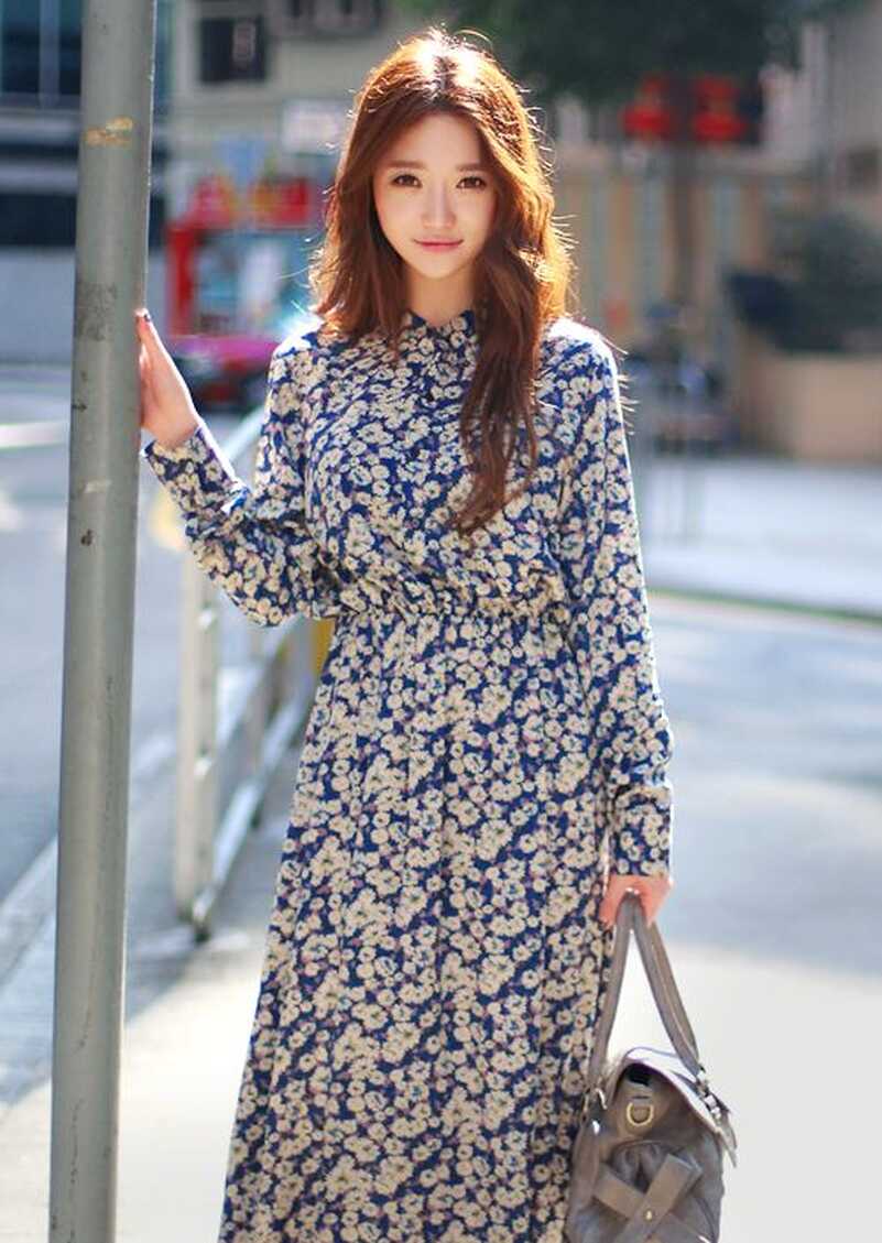 Chuu] Floral Long Sleeve Maxi Dress