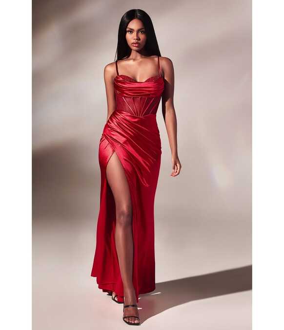 Cinderella Divine Red Satin Beaded Draped Corset Prom Dress ...