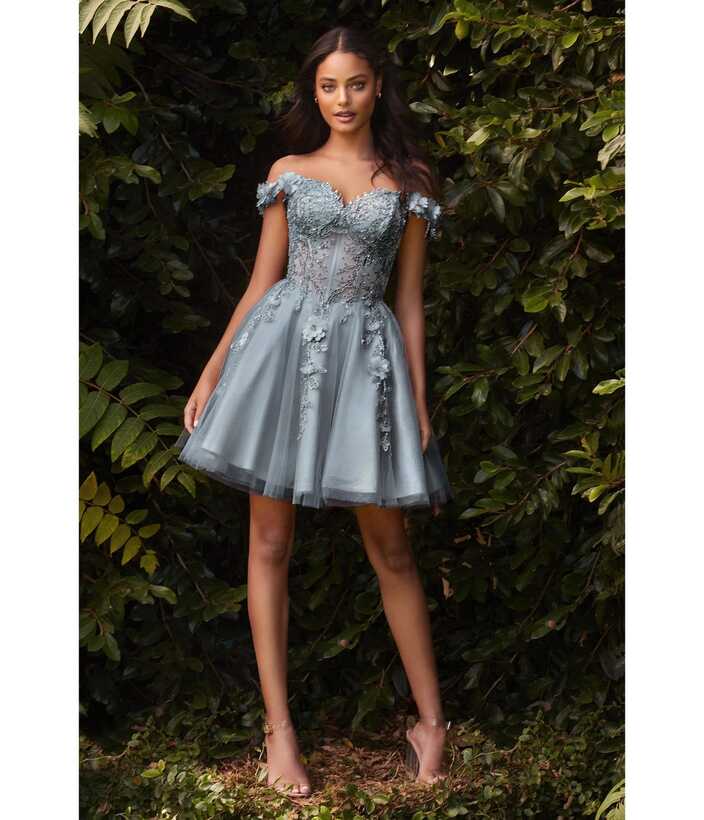 Cinderella Divine Smoky Blue Beaded &amp; Floral Applique Off The ...