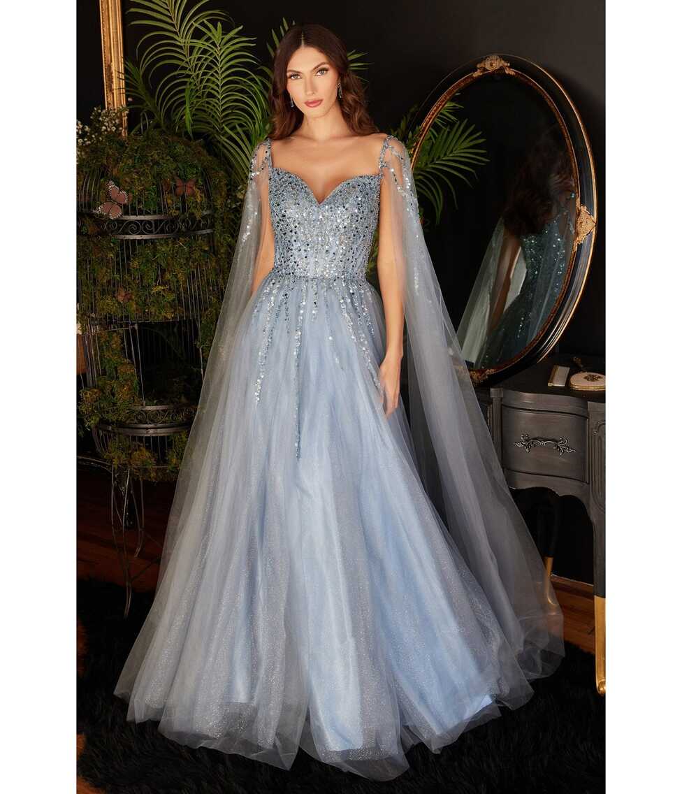 Cinderella Divine Smoky Blue Sequin Embellished Cape Sleeve Prom ...