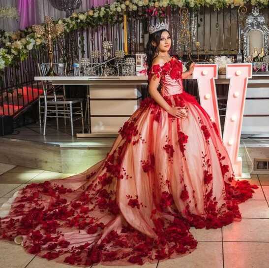 Cinderella Red Quinceanera Dresses Beaded Formal Prom 3D Flowers ...