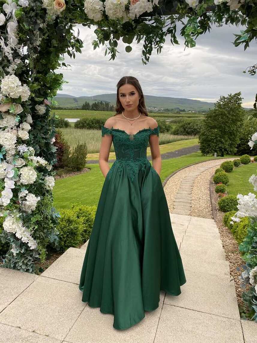 Classic Off The Shoulder Emerald Green Satin Prom Dress,Formal ...