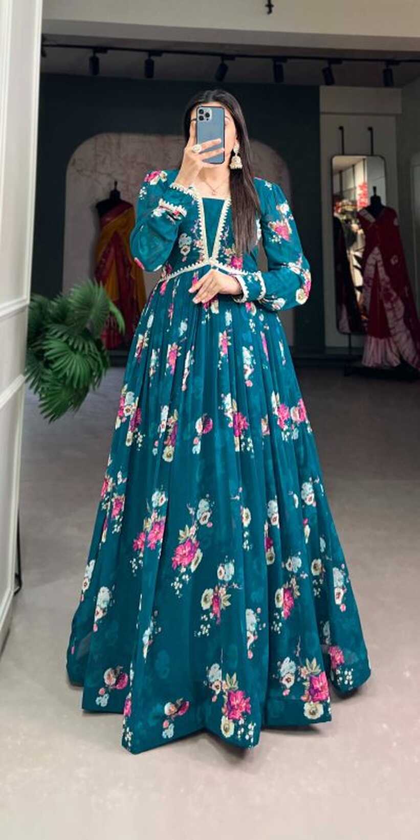 Classic Pine Green Color Exquisite Floral Georgette Printed Gown