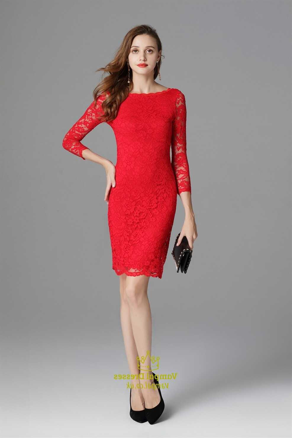 Classic Red Lace Overlay Sheath Short Cocktail Dress With 3/4 ...