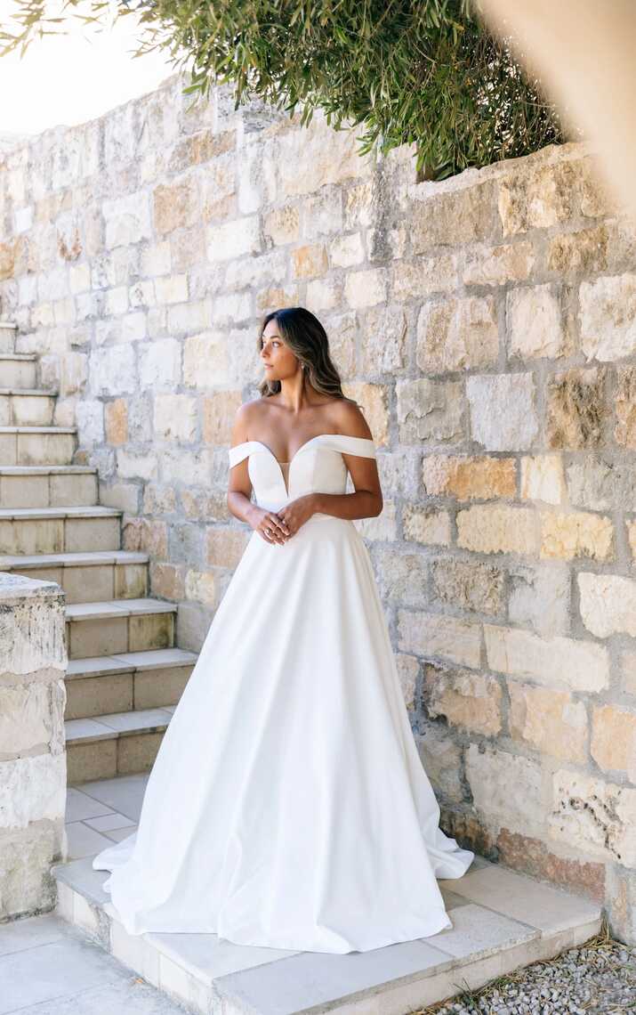 Classic Satin Ballgown with Pockets and Off-the-Shoulder Sleeves ...