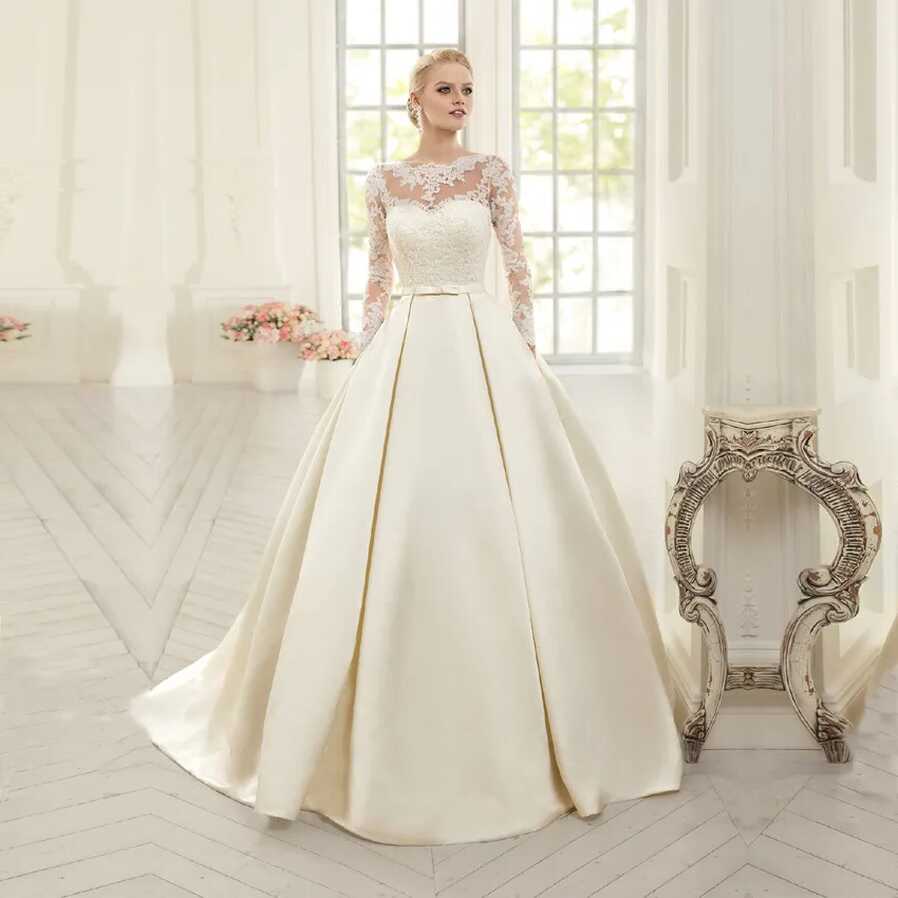 Classic Satin Lace White/Ivory A Line Wedding Dress Long Sleeve ...