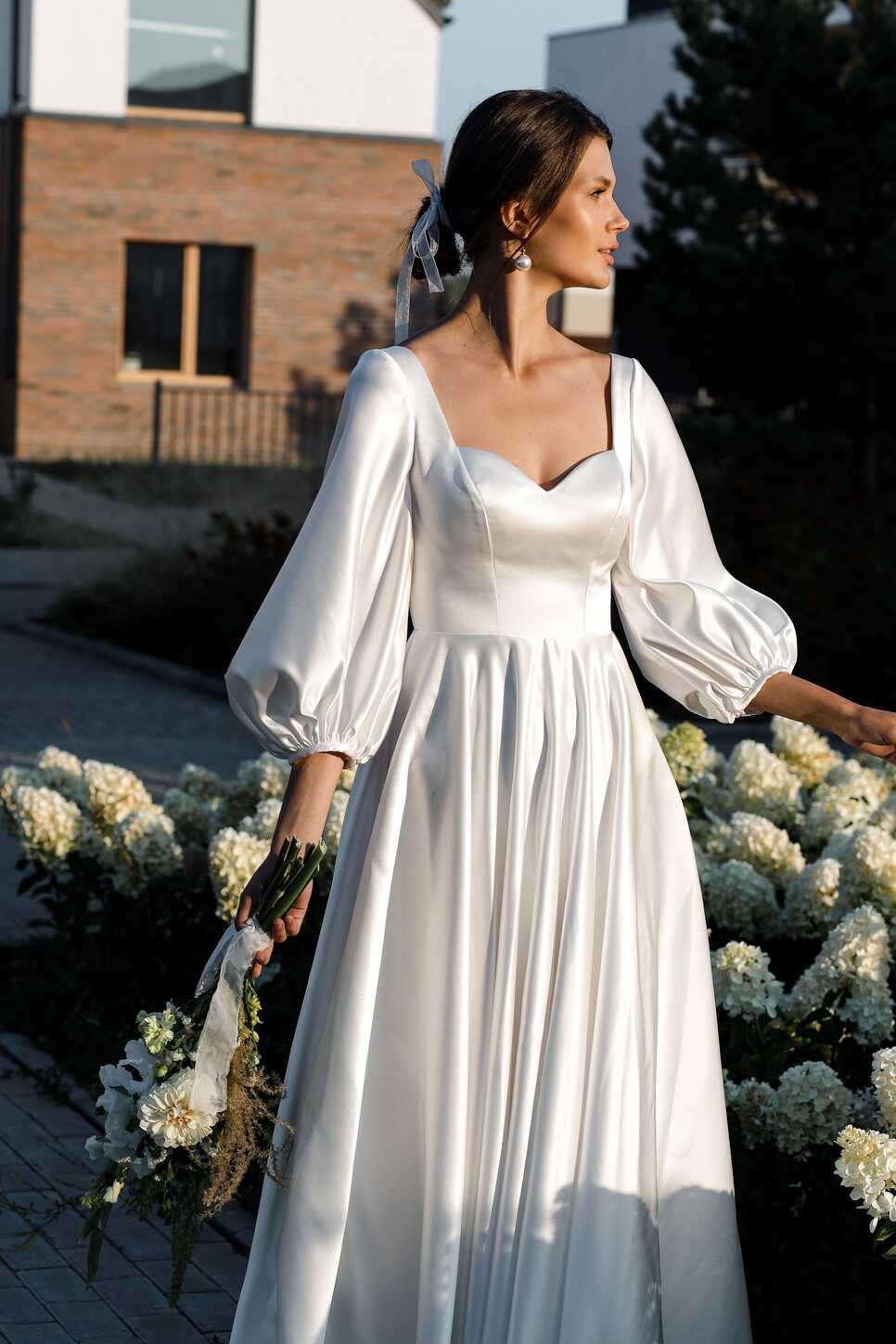 Classic Wedding Dress Puff Long Sleeve, Satin a Line Wedding Dress ...