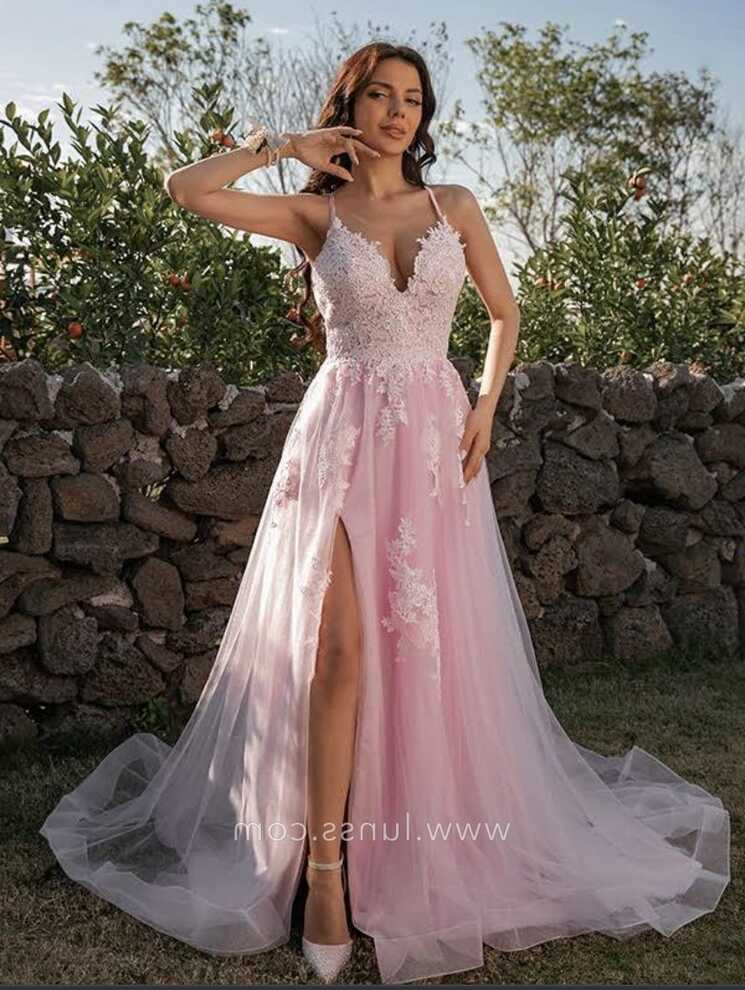 Classic White Lace Pink Satin &amp; Tulle Slit Formal Dress - Lunss