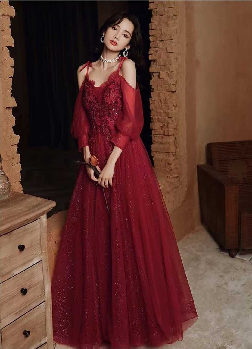 Classy, Burgundy Evening Dress, Glamorous Party Dress With Straps ...