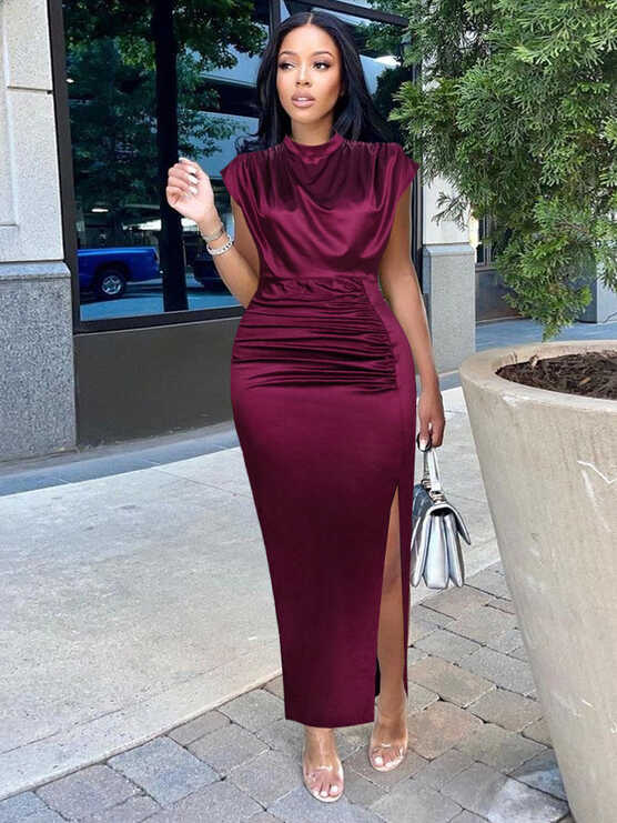 Classy Long Wine Red Satin Elegant High Collar Slim Fit Sleeveless ...