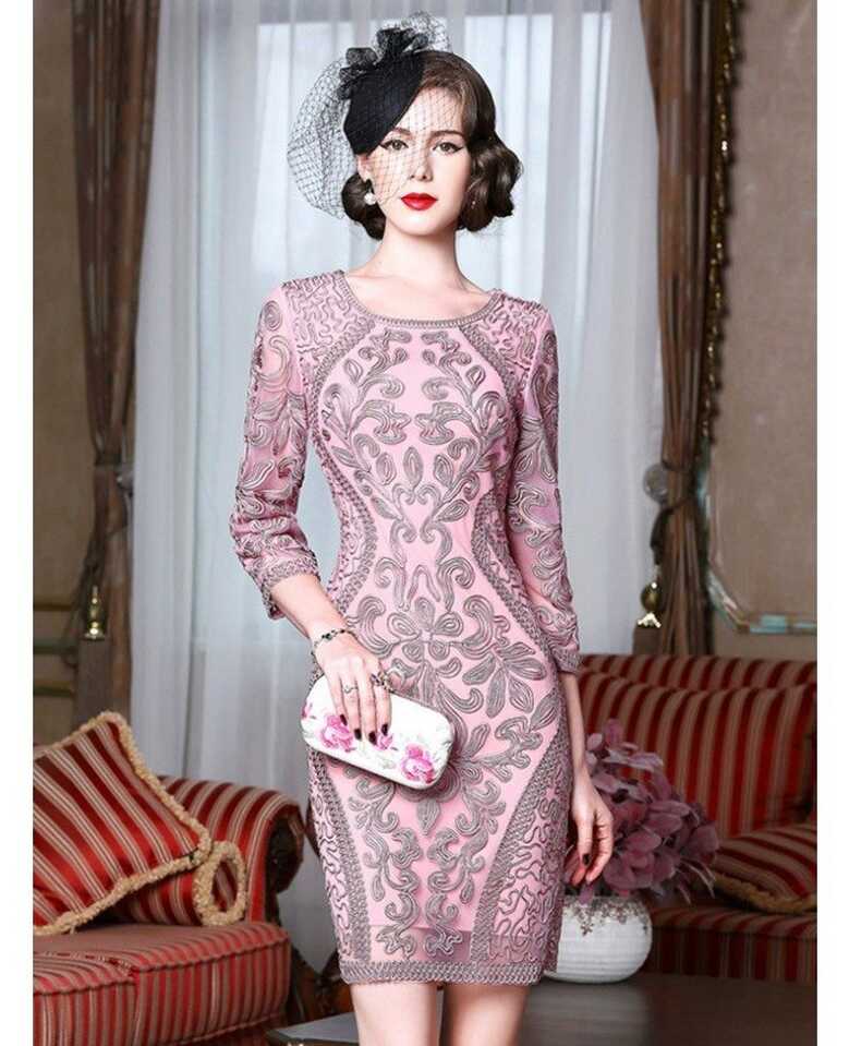 Classy Pink Embroidery Short Wedding Guest Dress 3/4 Sleeves Dress ...