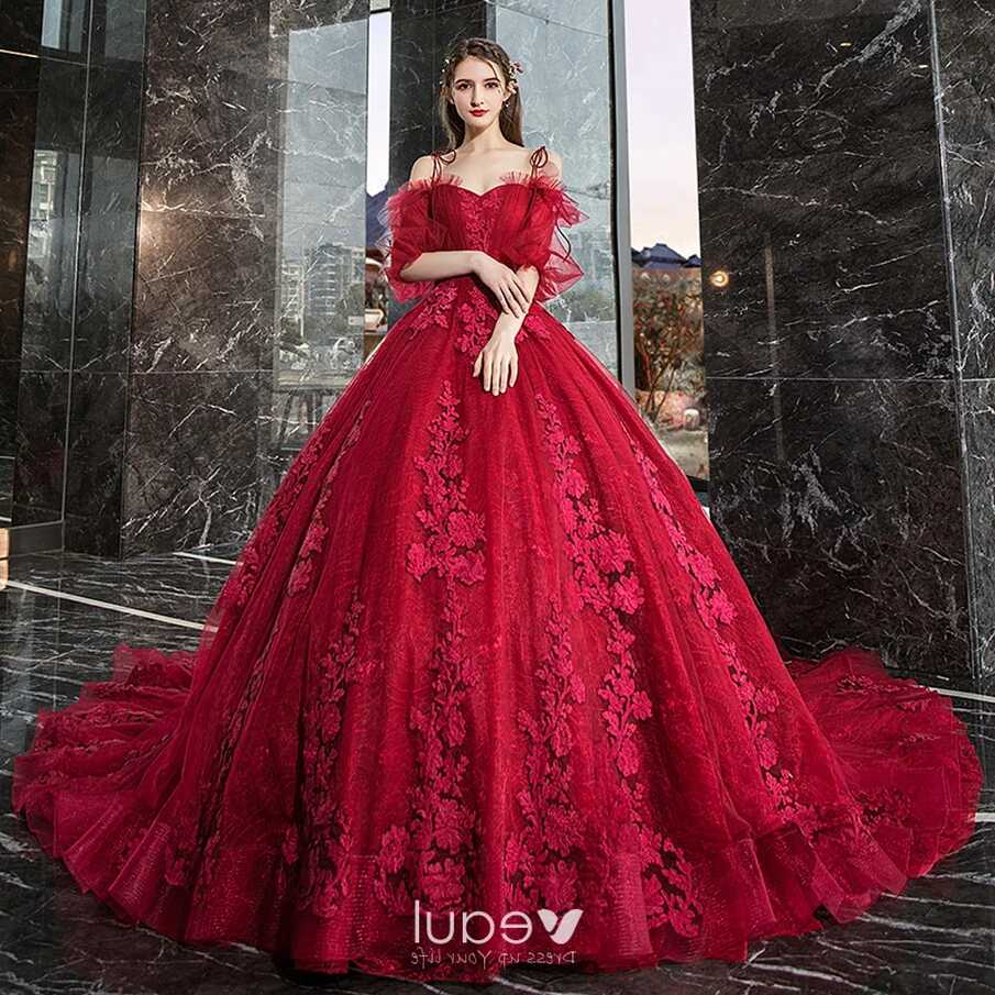 Classy Red Ruffle Wedding Dresses 2019 Ball Gown Spaghetti Straps ...