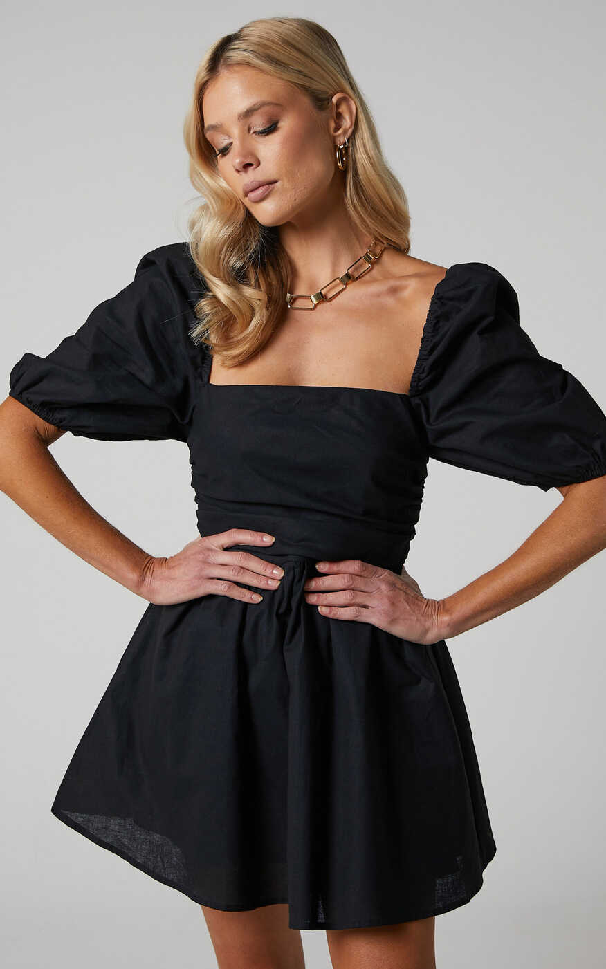 Claudina Mini Dress - Linen Look Puff Sleeve Ruched Bodice Dress ...