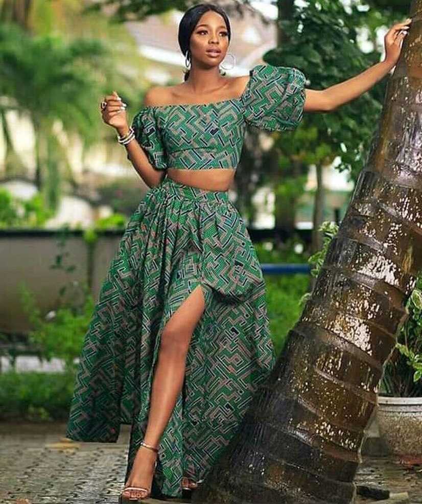 Clipkulture | Green Off Shoulder Ankara Crop Top With Long Flair Skirt