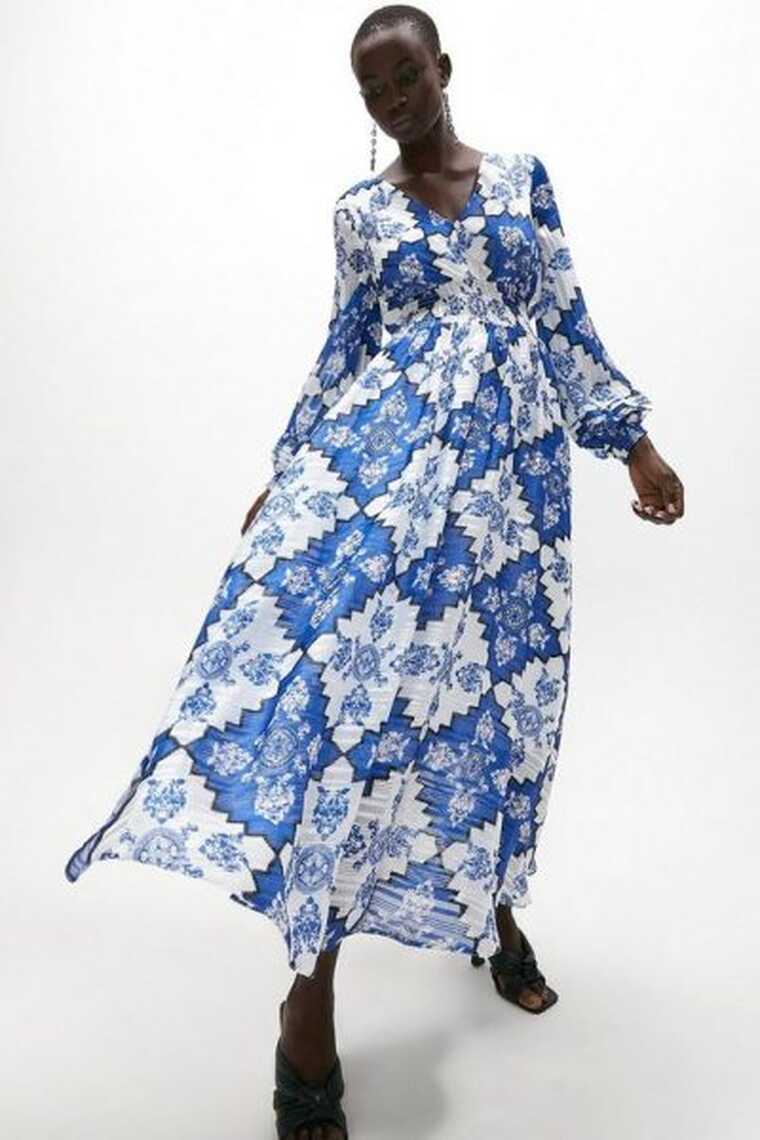 Coast Long Sleeve Shirred Waist Maxi Dress, Blue/White - Dresses