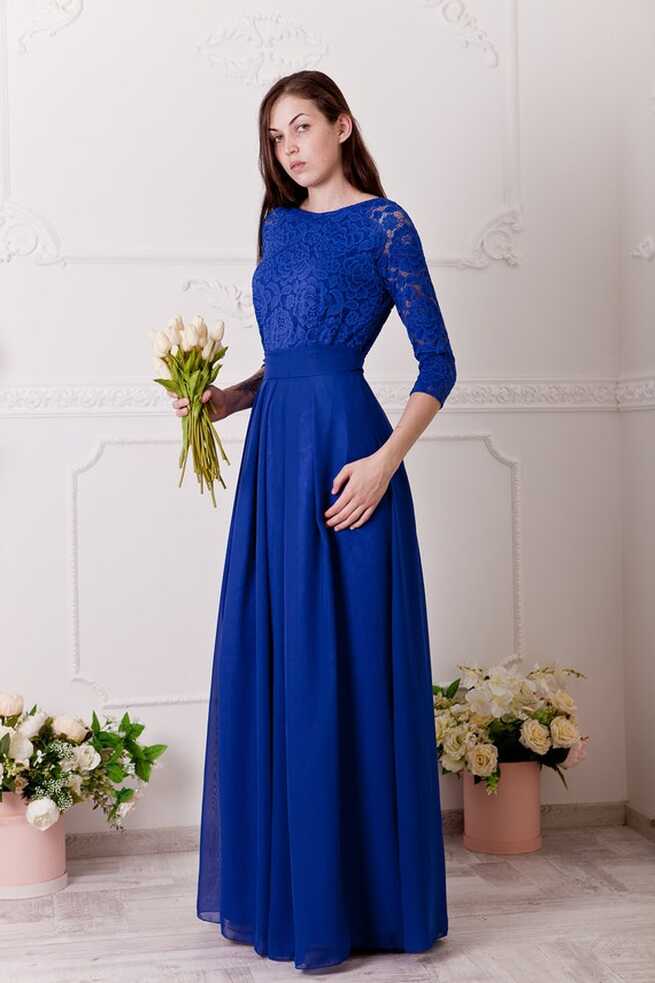 Cobalt Blue Bridesmaid Dress Long. Floral Lace Formal Gown With ...