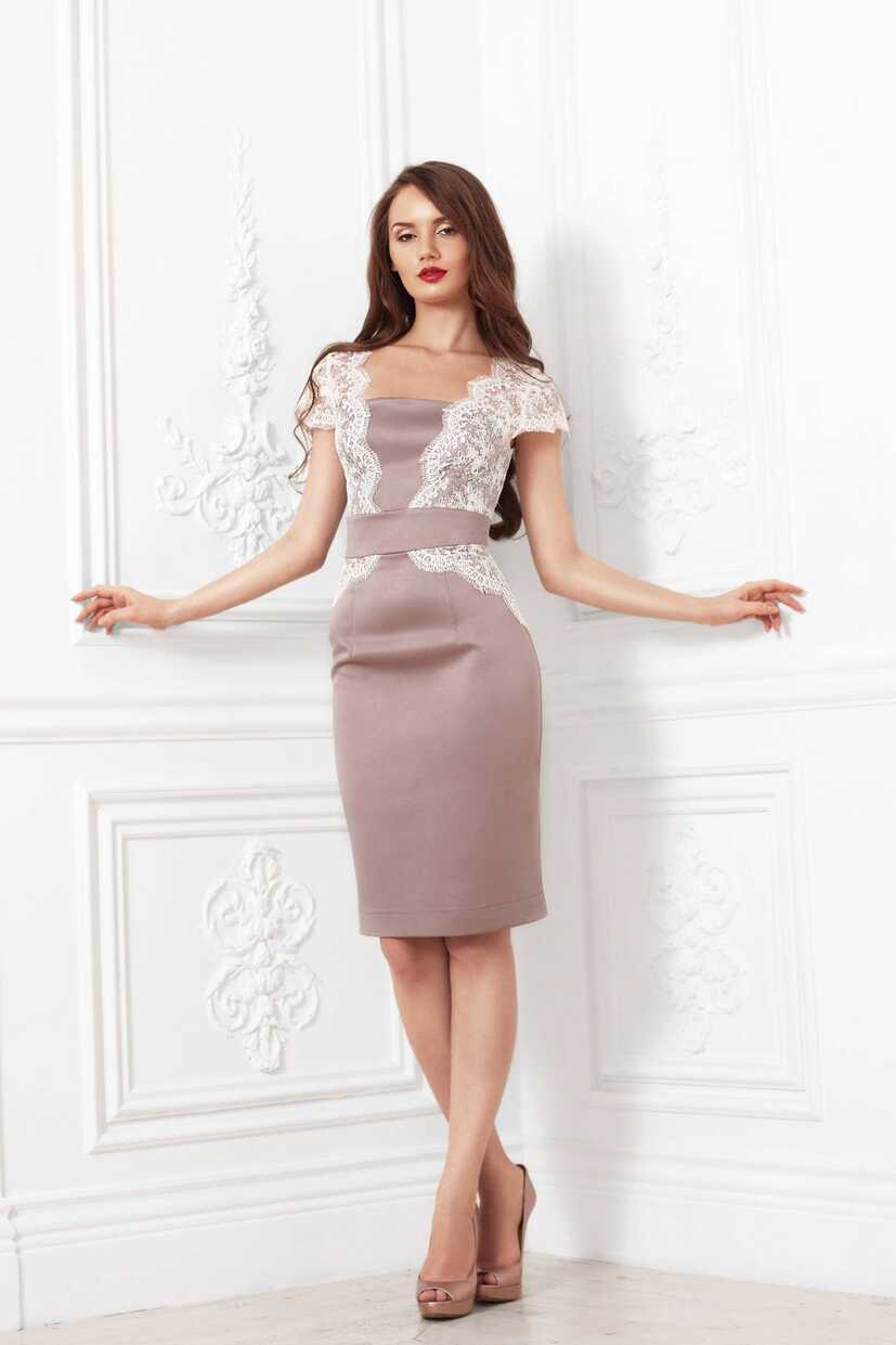 Cocktail Knee Length Pencil Lace Dress in Blush and White Color ...