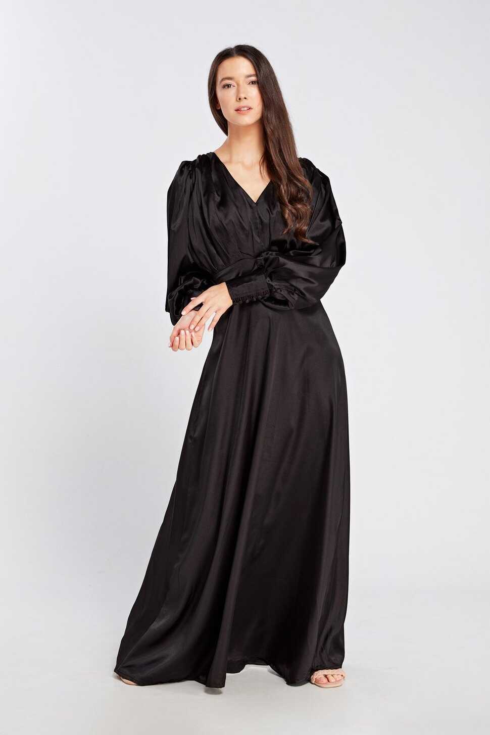 Colette Black Satin Maxi Gown with long sleeves - TAHLIRA