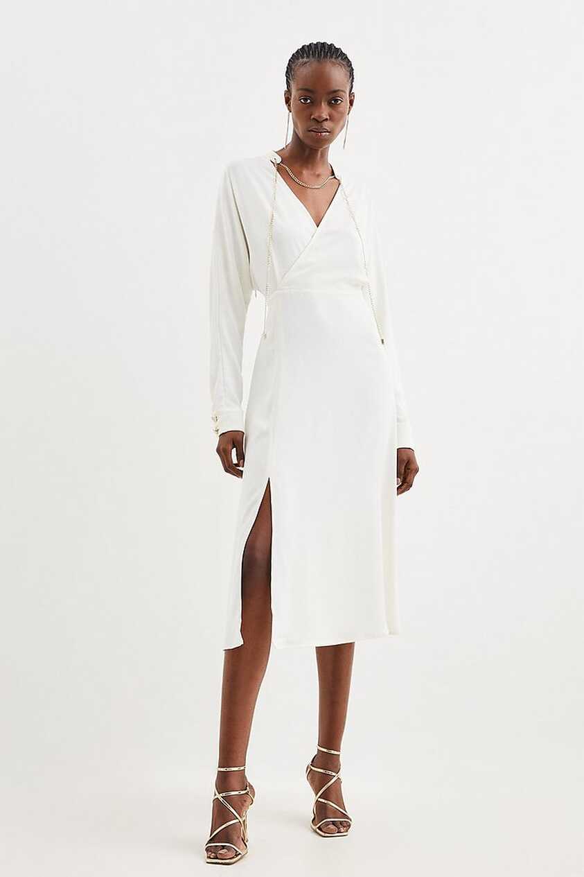 Collar Detail Wrap Front Long Sleeve Midi Dress | Karen Millen