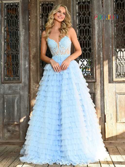 Colors Dress 3219 Size 10 Blue Long Sheer Lace Corset Ball Gown ...