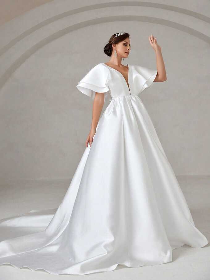 Contrast Mesh Butterfly Sleeve Satin Wedding Dress | SHEIN EUQS