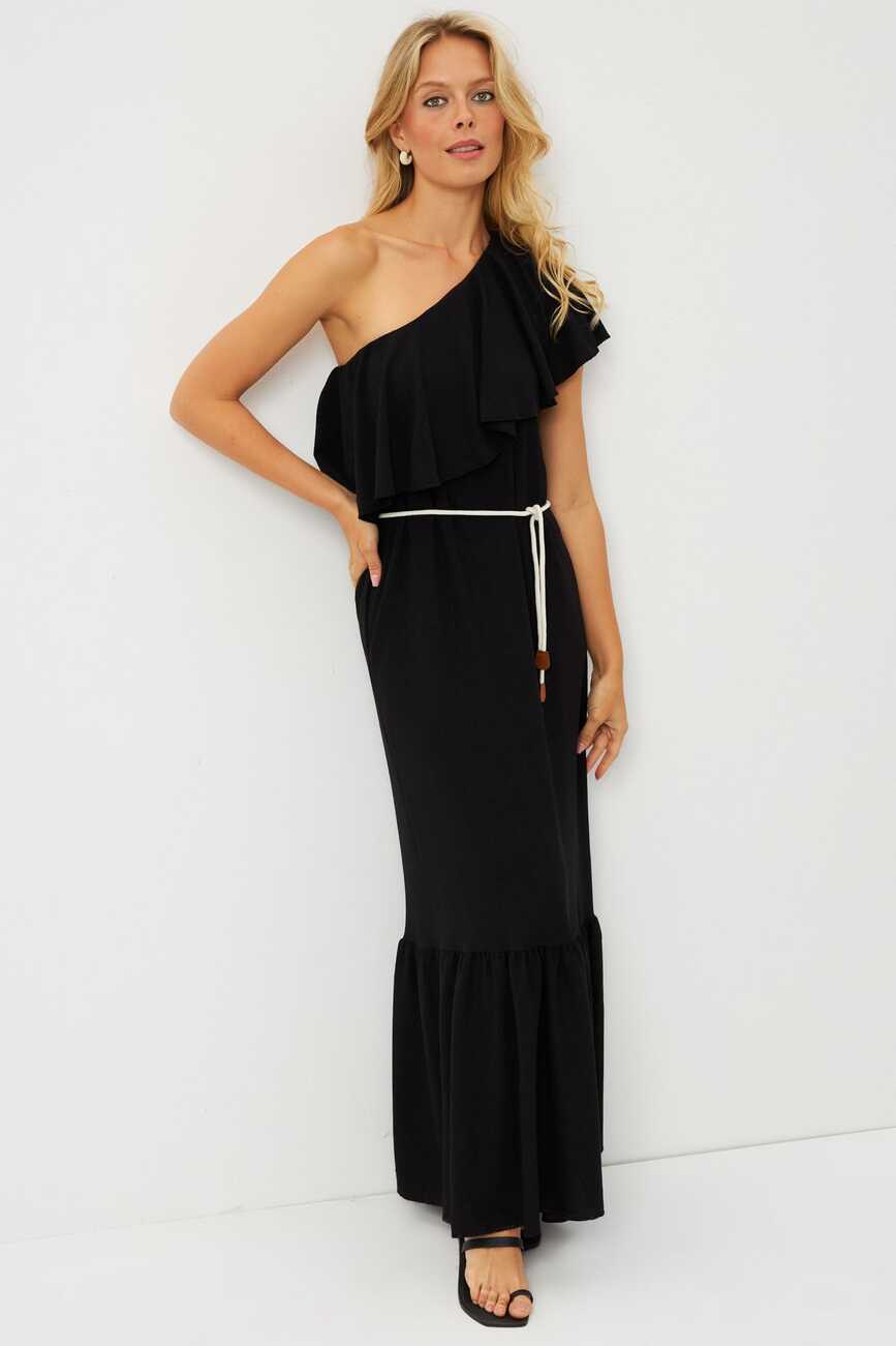 Cool &amp; Sexy Women&#39;s Black Ruffle One Shoulder Midi Dress EY2797 ...