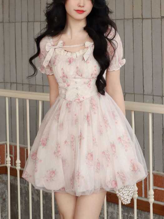 Coquette Aesthetic Soft Girl White Floral Puff Sleeve Dress - XL