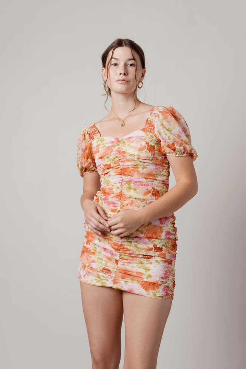 Coral Bodycon Dress - Floral Print Dress - Chiffon Dress