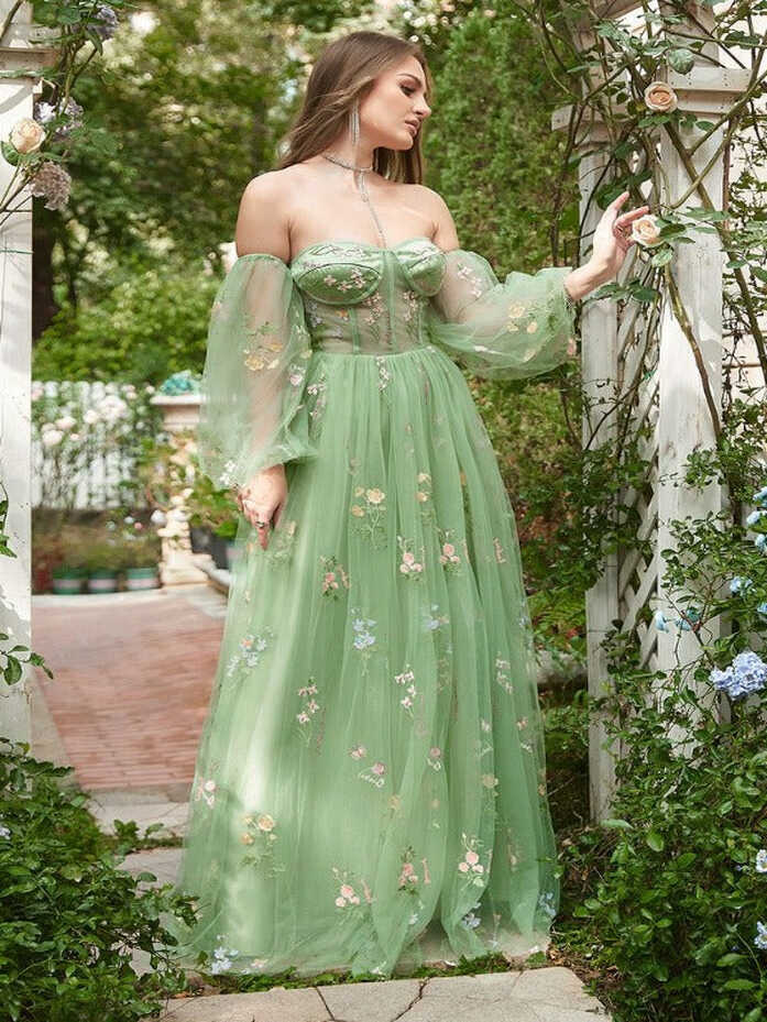 Corset Green Floral A-line Prom Dresses With Detachable Sleeves ...