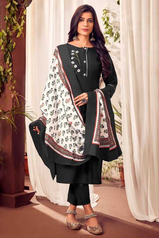 Cotton Eid Salwar Kameez in Black with Embroidered - SK14471