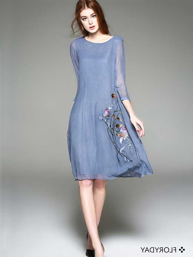 Cotton Floral 3/4 Sleeves Knee-Length Casual Dress A comfortable ...