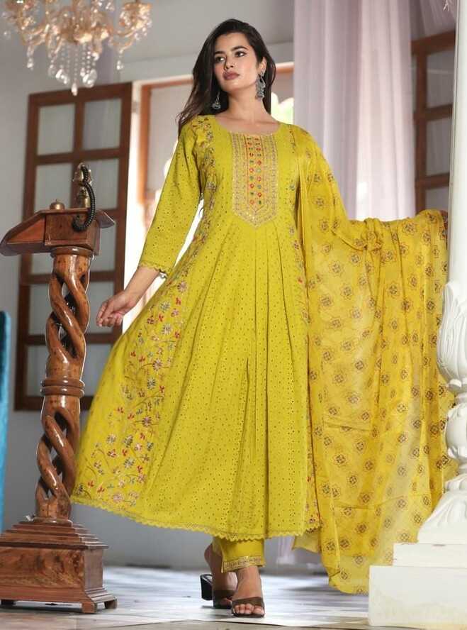 Cotton Printed Naira Cut suit, Stitched, Yellow at Rs 1100 in Rampur