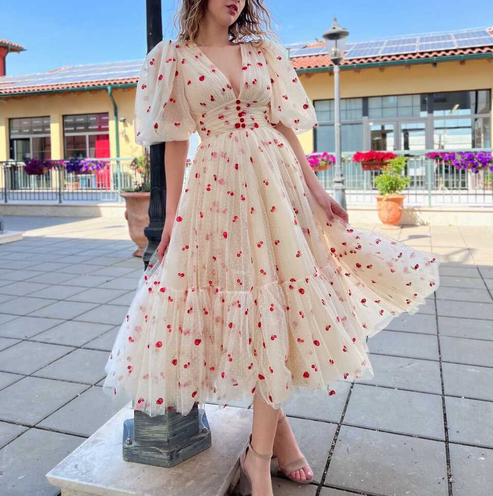 Cream Cherry Midi Dress | Teuta Matoshi