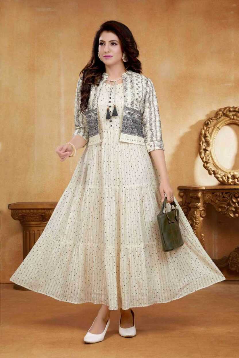 Cream Color Party Wear Designer Gown Kurti With Koti :: ANOKHI FASHION