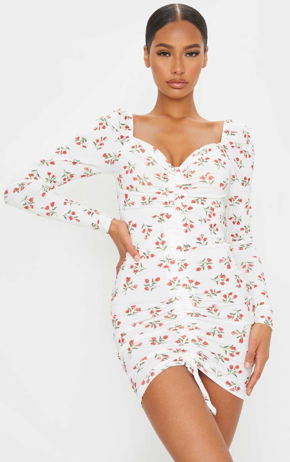 Cream Floral Print Ruched Long Sleeve Bodycon Dress ...