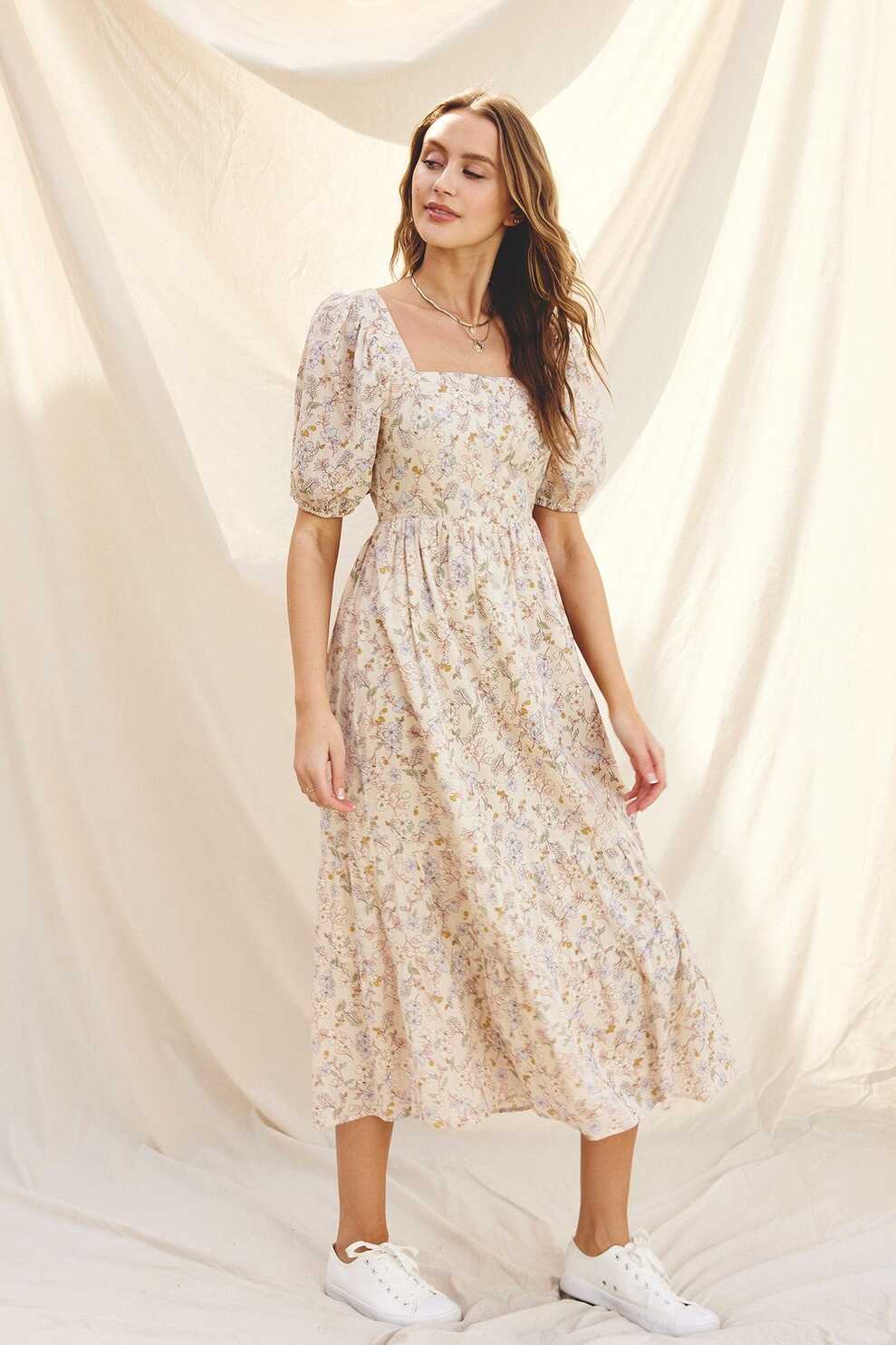 Cream Floral Puff Sleeve Midi Dress – PinkBlush