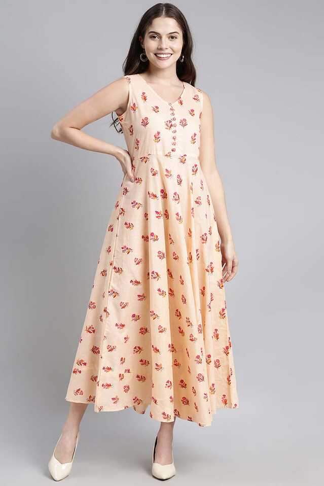 Cream Peach Cotton Floral Printed Sleeveless Long Dress - ZERESOUQ.COM