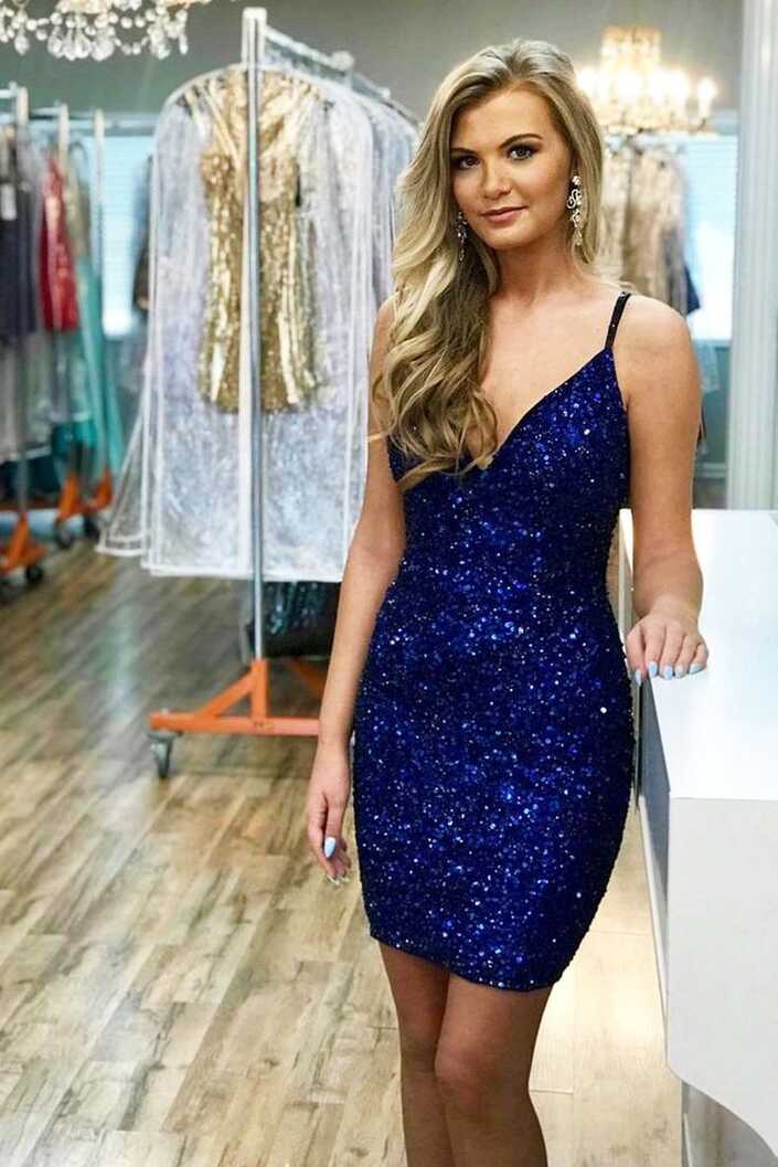 Criss Cross Navy Blue Hoco Dress Short Sequin Cocktail Dress