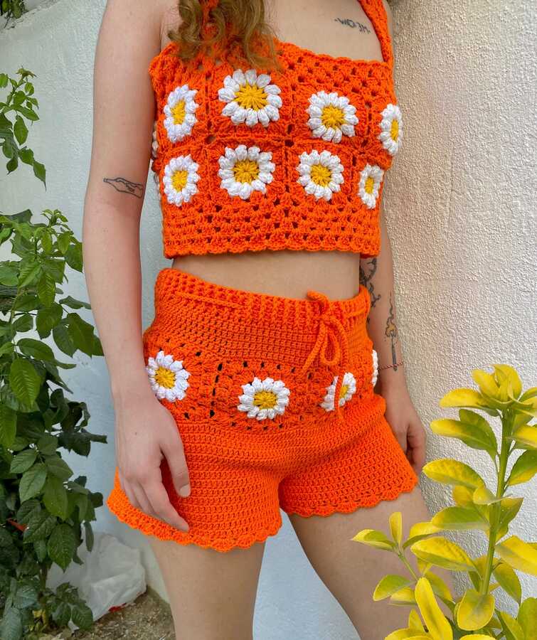 Crochet Daisy Clothing Set, Crochet Two-piece Crop Top and Shorts ...