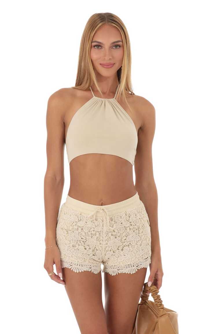 Crochet Two Piece Short Set in Beige | LUCY IN THE SKY