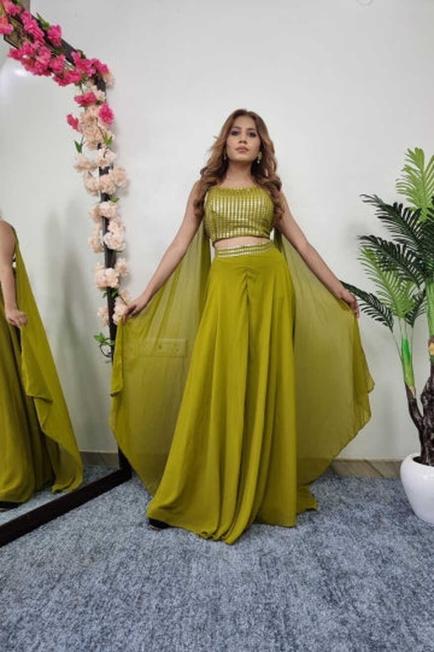 Crop Top Sharara Dress With Long Designer Sleeves In Parrot Green ...