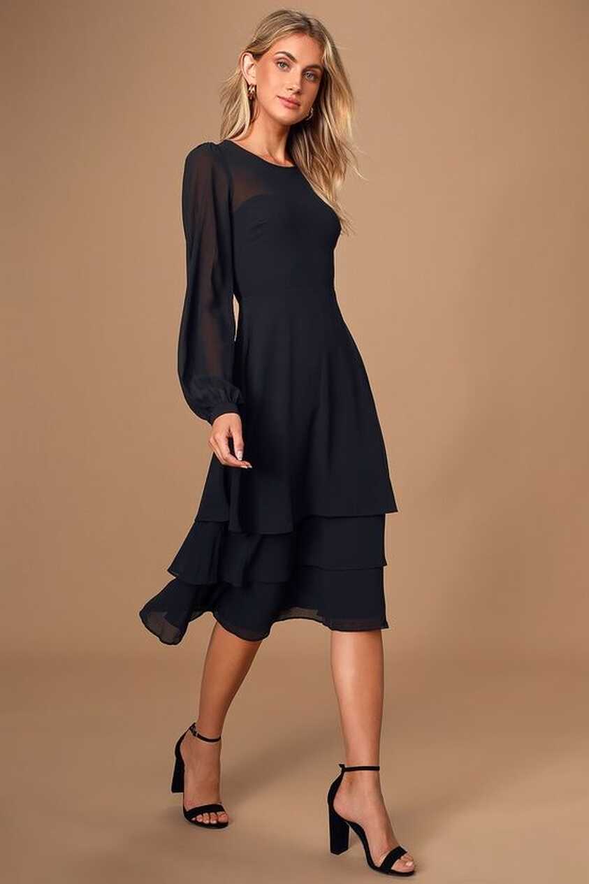 Crystal Clear Black Long Sleeve Tiered Midi Dress