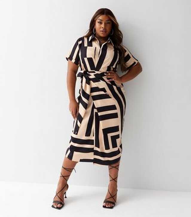 Curves Black Geometric Collared Short Sleeve Midi Wrap Dress | New ...